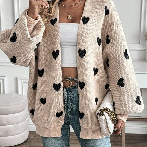 Multicolor Casual Women's V-Neck Heart Print Knitted Cardigan - Picture 6 of 6